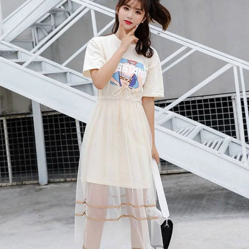 Summer Short Sleeve Dress Women A-line Printed Mesh Colorful Sweet Elegant Girls Korean Style Vestidos Streetwear All-match Slim