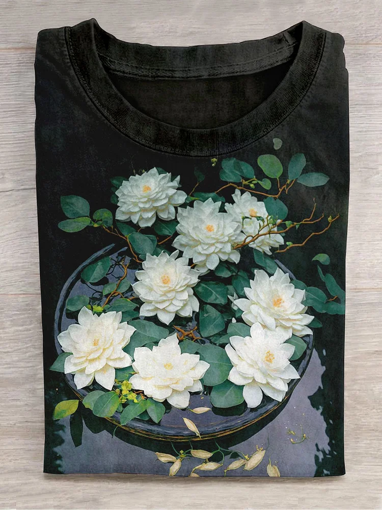 Unisex Floral Art Print Crew Neck Short Sleeve T-Shirt