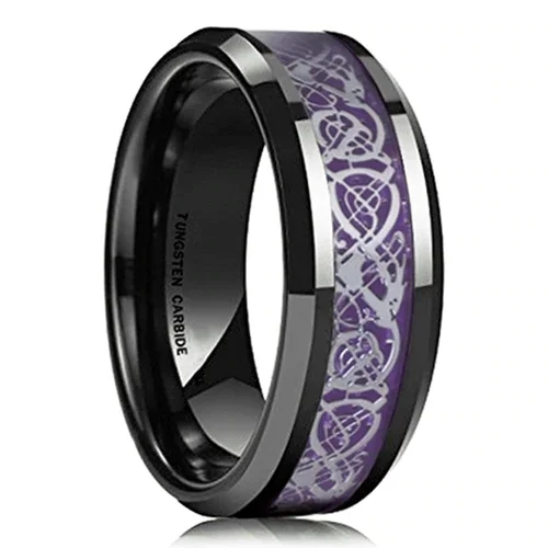 4MM 6MM 8MM 10MM Women or Mens Tungsten Carbide Wedding Ring Band. Black Resin Inlay with Purple and Silver Celtic Dragon Knot Ring Men And Womens
