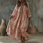 Women's Vintage Vacation Floral Art Flowy Linen Blend Casual Round Neck Long Sleeve Maxi Dress - Image 2