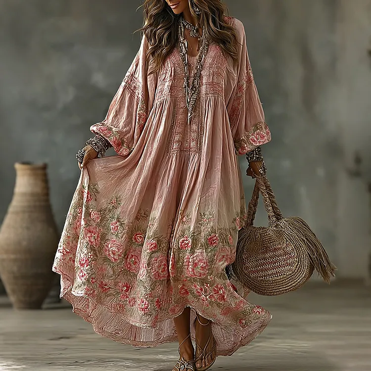 Women's Vintage Vacation Floral Art Flowy Linen Blend Casual Round Neck Long Sleeve Maxi Dress