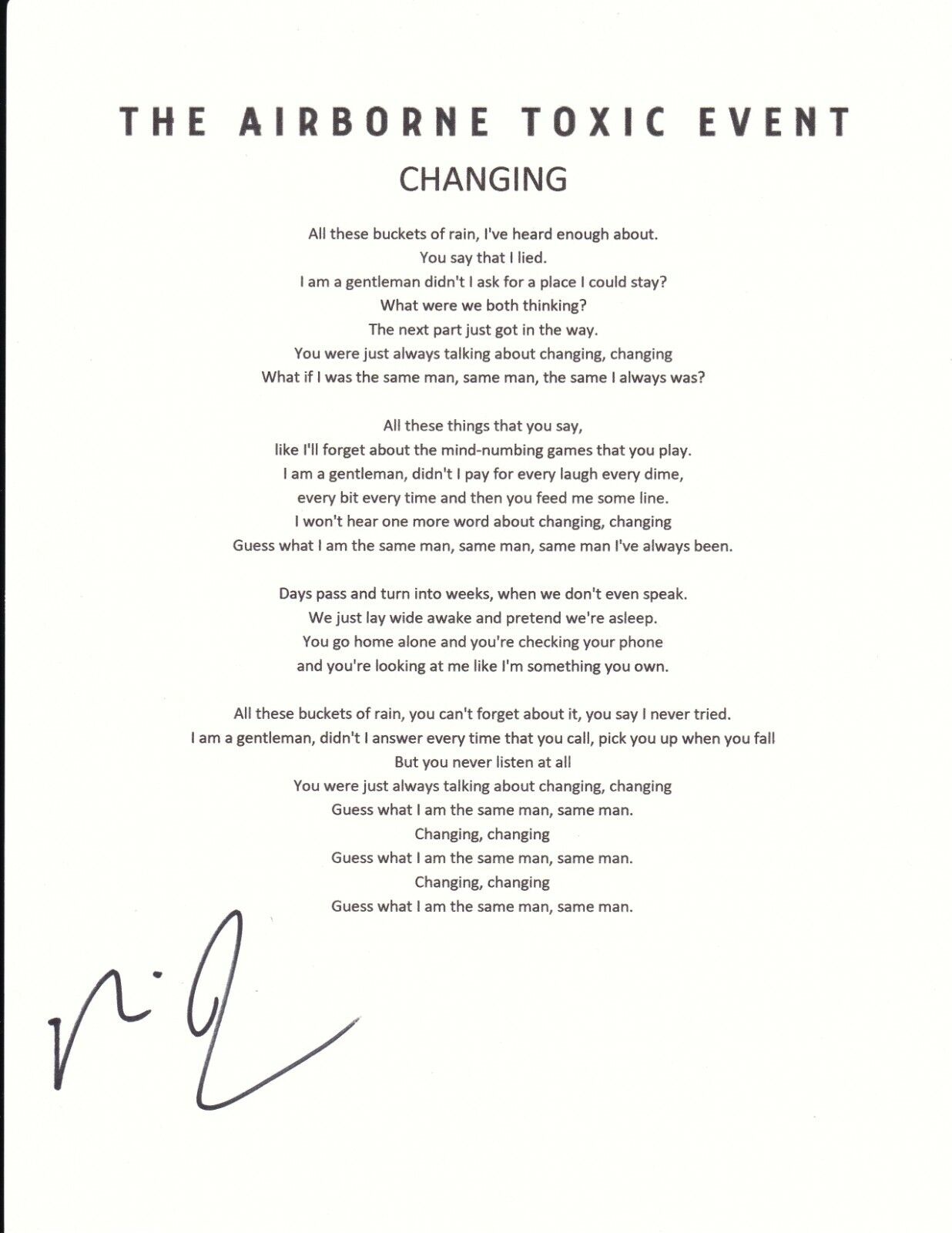 Mikel Jollett Airborne Toxic Event REAL hand SIGNED Changing Lyric Page #2 COA