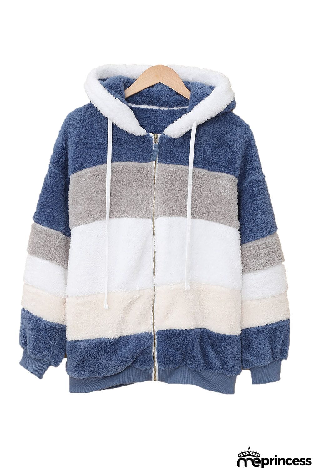 Colorblock Zip Up Sherpa Coat with Hooded