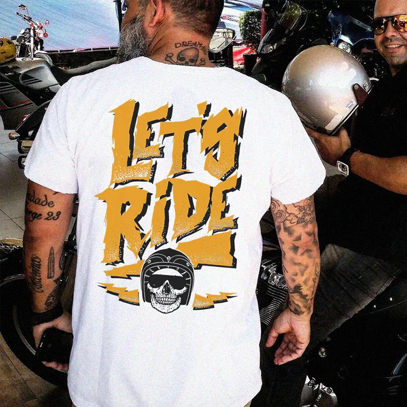 LET'S RIDE Helmet Skull White Print T-Shirt