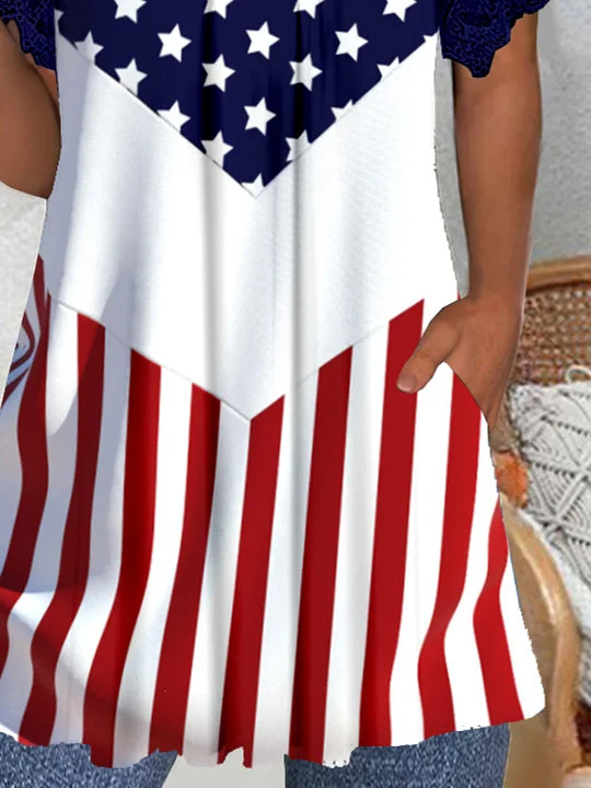 Women's Short Sleeve V-neck Graphic Lace Pockets Tops