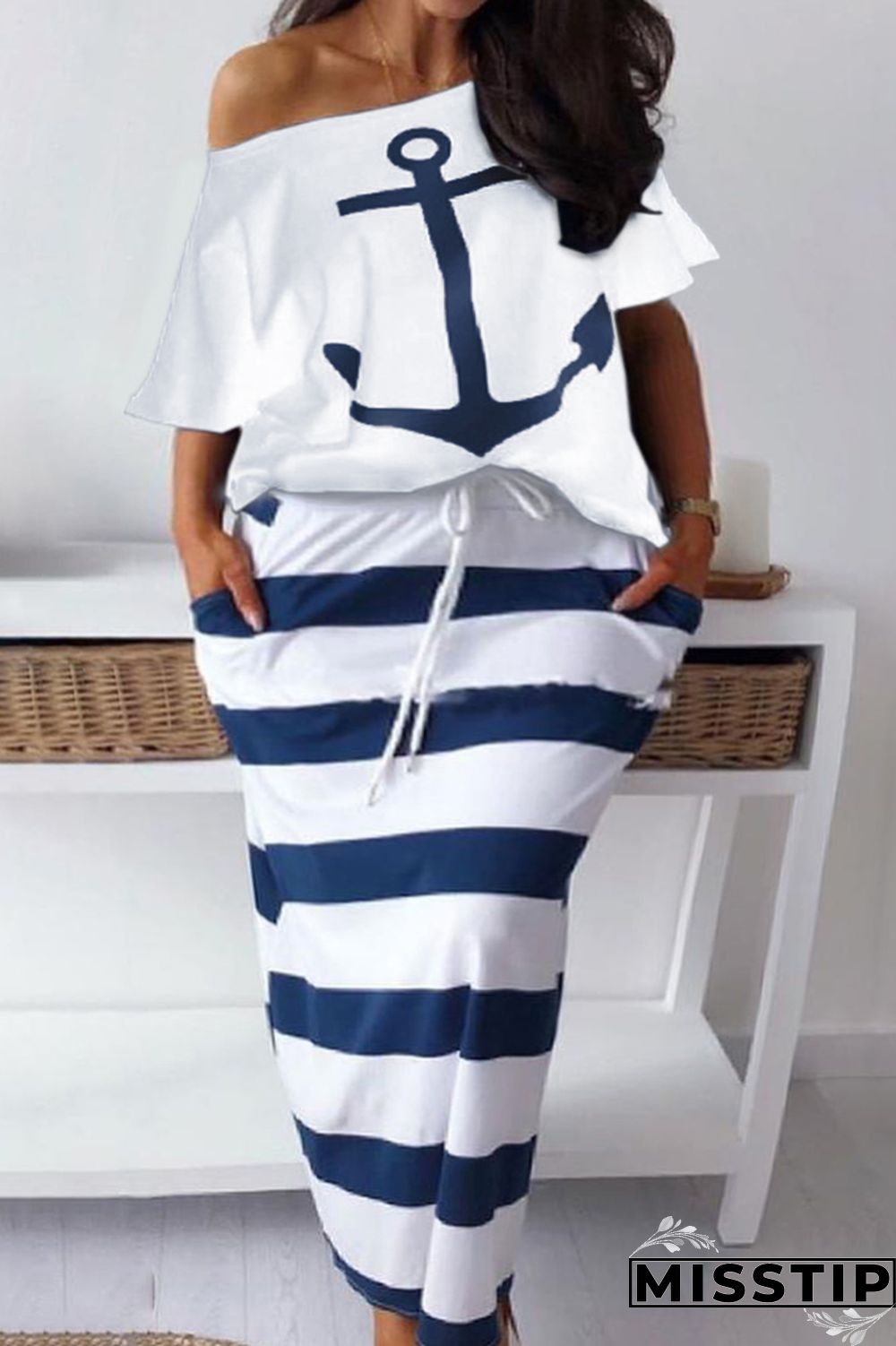 White Fashion Casual Print Basic Oblique Collar Plus Size Two Pieces