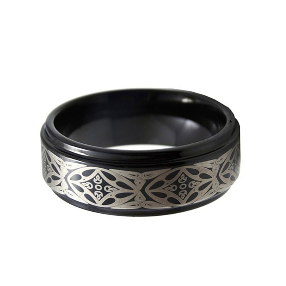 8MM Mens Black Tungsten Carbide Rings Laser Patern Polished Step Edges
