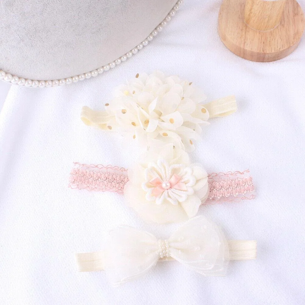2019 Baby Accessories Beauty 3Pcs/Set Baby Girls Infant Toddler Flower Bow Headband Lace Elastic Hair Band Crown Gifts 0-3T