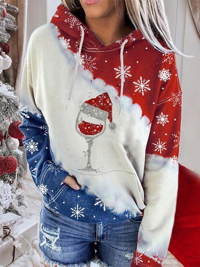 Women's Christmas Wine Glass Print Casual Hoodie