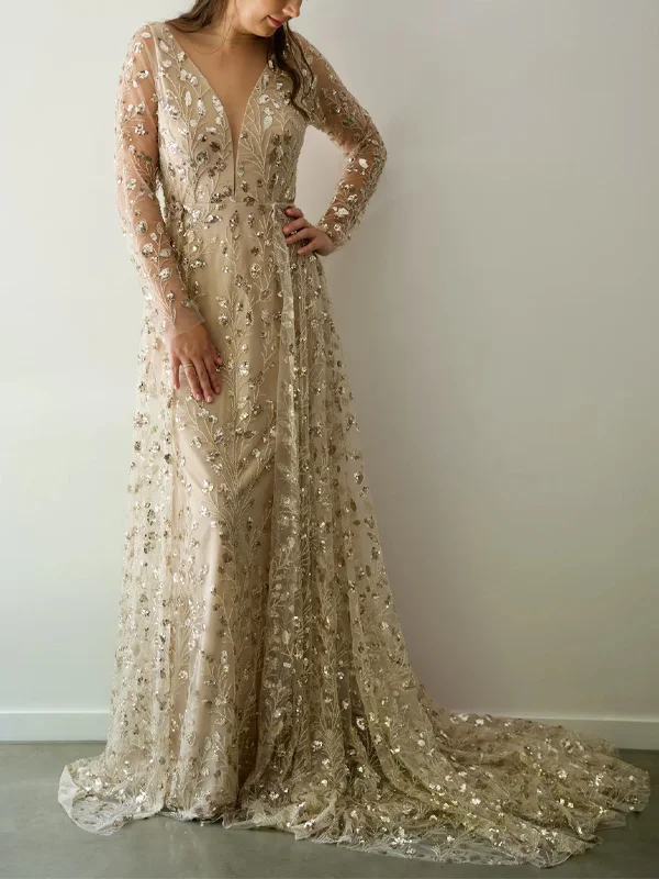 Mesh Sequin Long Sleeves Maxi Dress
