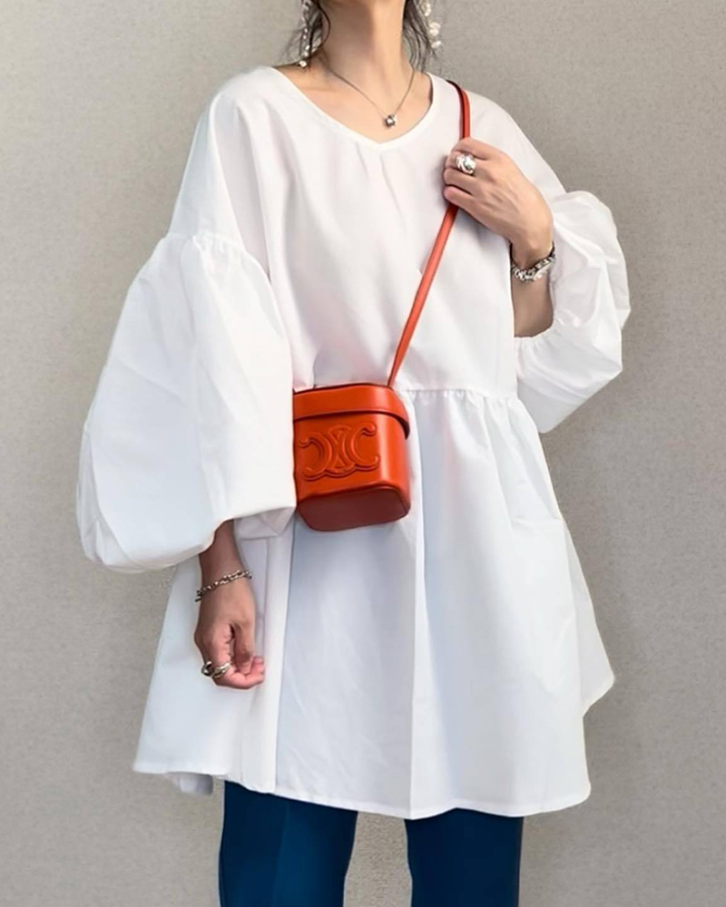 Puffy Sleeve Round Neck Loose Solid Color Top