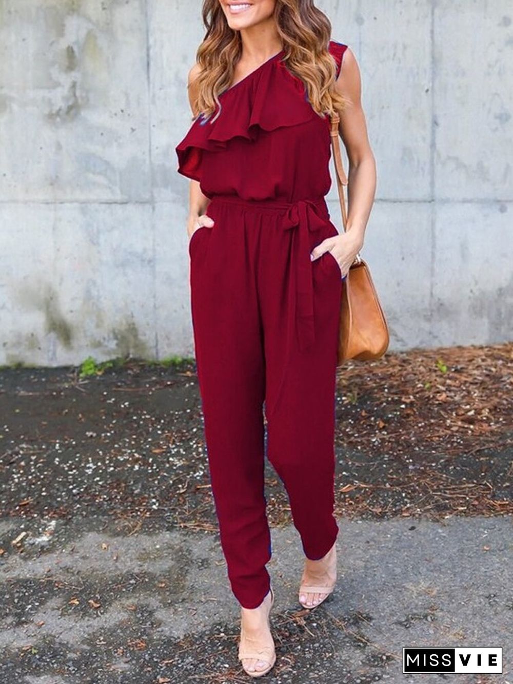 Women Casual Sleeveless Solid Tie-up Rompers Elegant Diagonal Neck Ruffle Playsuit Summer Fashion Backless Loose Office Jumpsuit