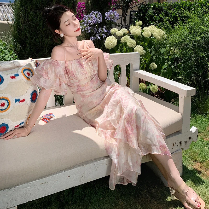 Zingj Zingj Word Shoulder Bubble Sleeve Chiffon Floral Sling Dress 2023 Summer Minority Design Show Thin Skirt