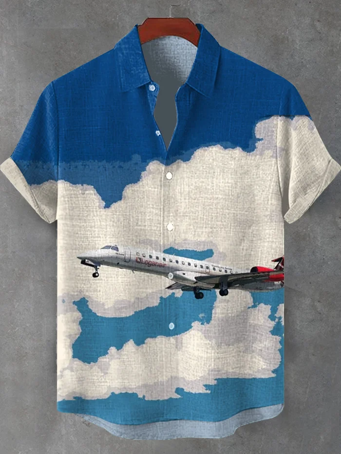 Men's Blue Sky Airplane Watercolor Art Print Casual Shirt