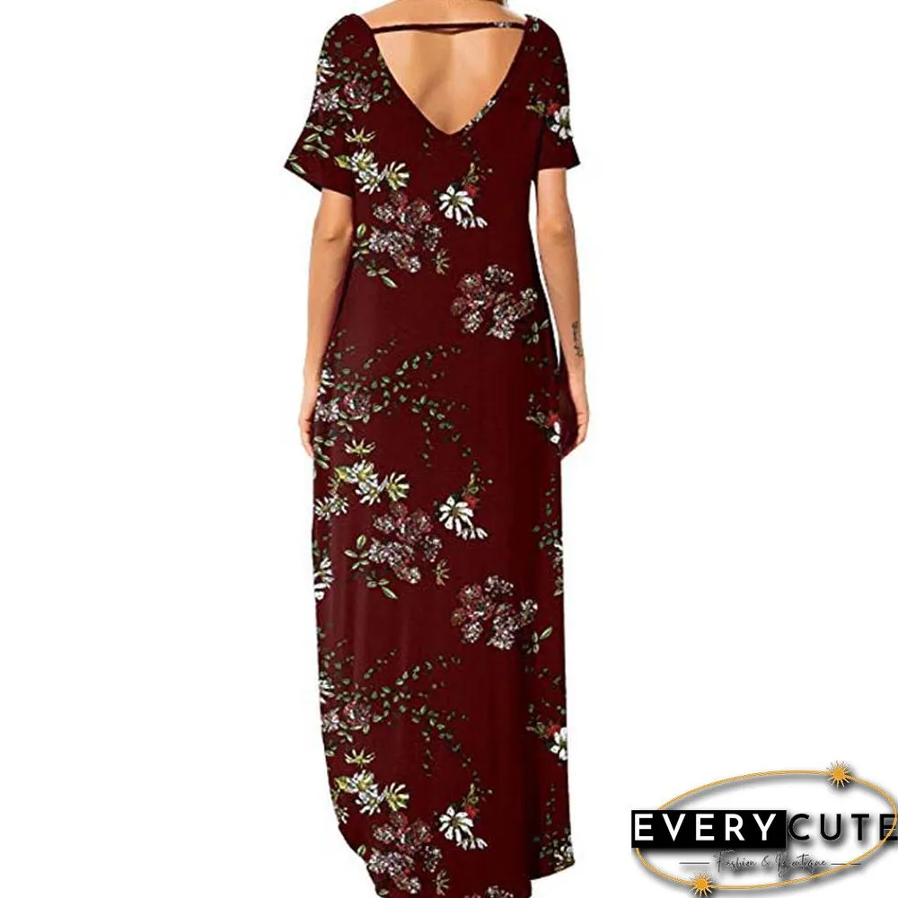 Wine Red Floral Print Short Sleeve Slit Maxi Dress