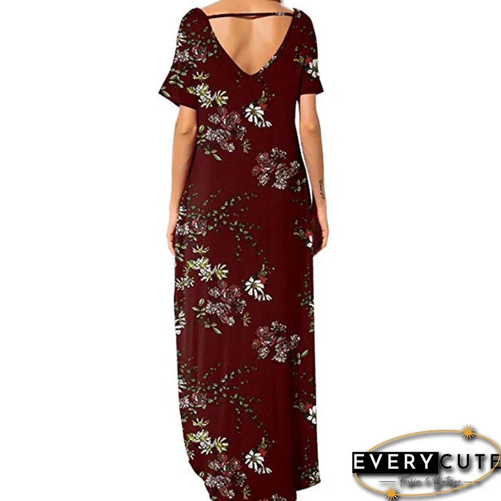 Wine Red Floral Print Short Sleeve Slit Maxi Dress
