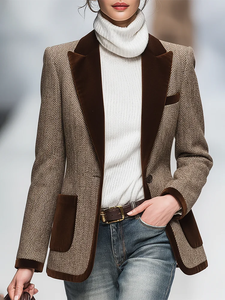 Vintage Velvet Lapel Multi-pocket Herringbone Blazer