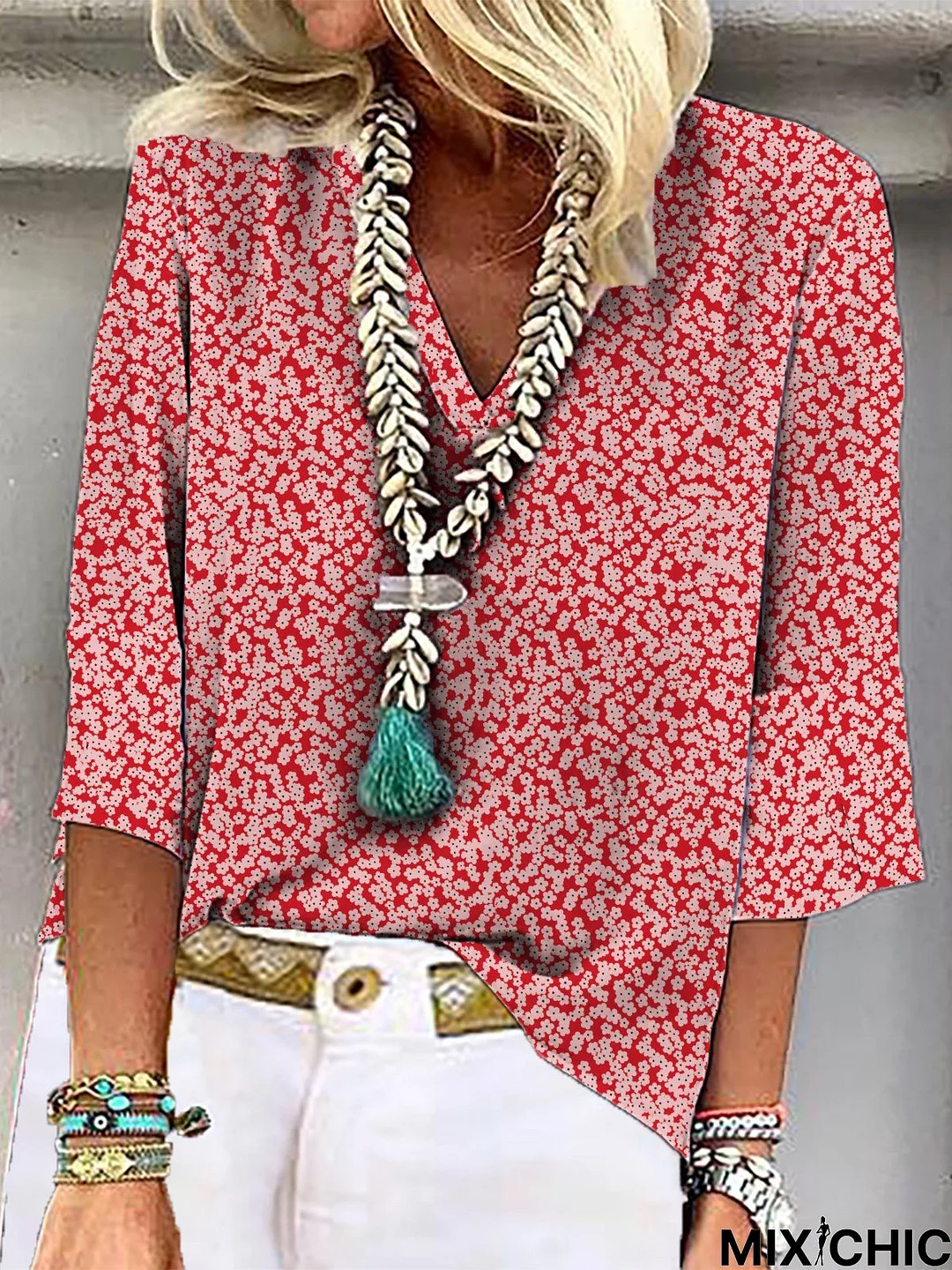 Casual Loose V neck Floral Three Quarter Top