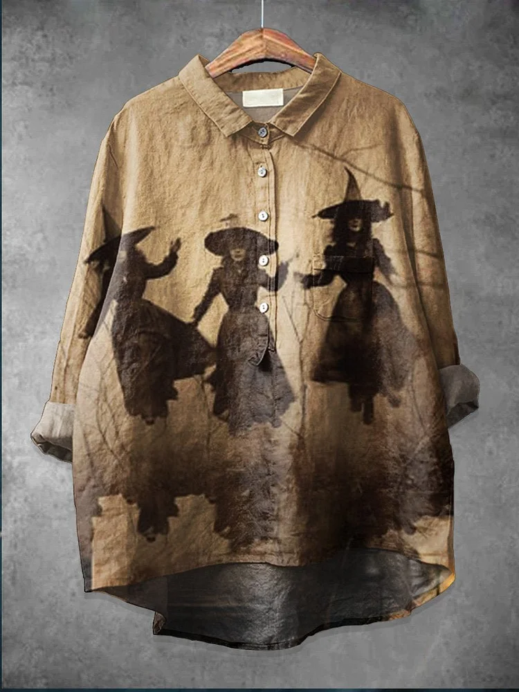 Halloween Witch  Art  Print Casual Cotton And Linen Shirt