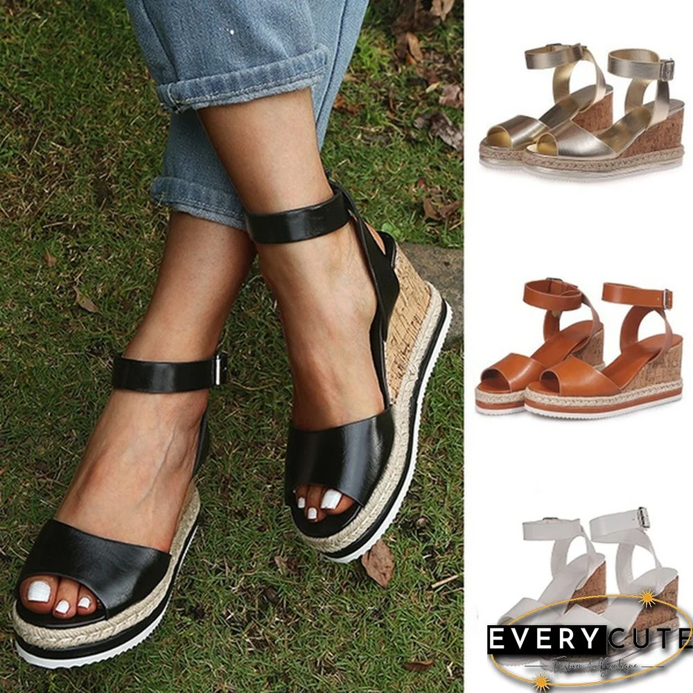 Summer Fashion Women Peep Toe Sandals Ladies High Heel Wedge Sandals Female Ankle Buckle Fish Mouth Sandals Plus Size
