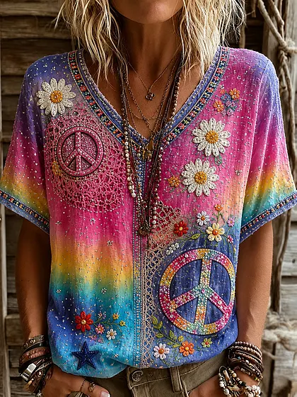 Women's Vintage Hippie Floral Art Print V Neck Linen Blend Short