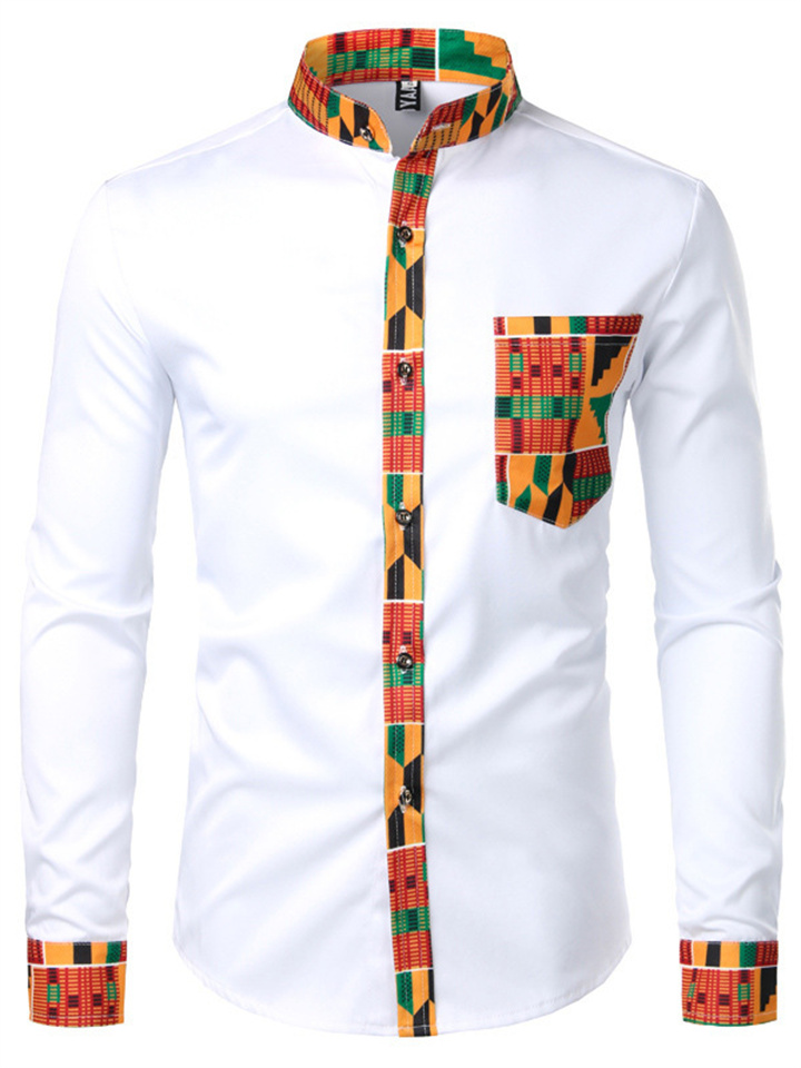 Men's New Lapel Long-sleeved Cardigan Shirt Fashion Casual Printed Shirt Men Splicing Color Collision