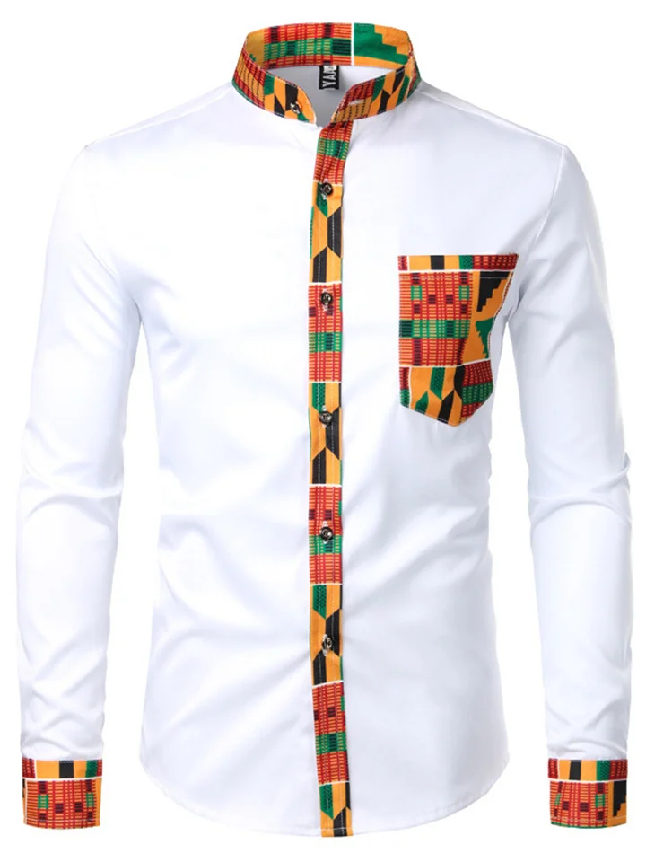 Men's New Lapel Long-sleeved Cardigan Shirt Fashion Casual Printed Shirt Men Splicing Color Collision | 168DEAL