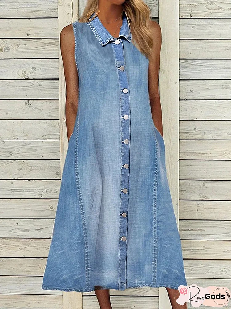 Sleeveless Casual Denim Shawl Collar Weaving Dress