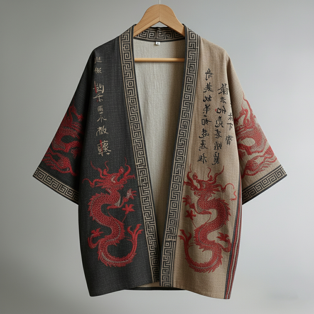 Retro Japanese Calligraphy And Painting Style With Dragon Art Pattern Linen Short Kimono  artssus