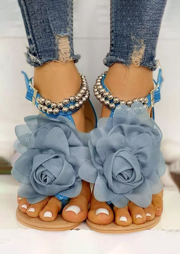 Floral Beading Buckle Strap Flat Sandals - Blue