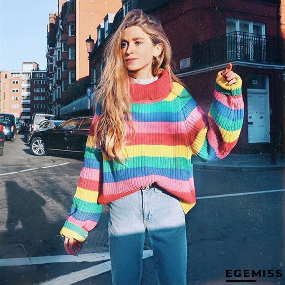 High Neck Sweater Women's Rainbow Stripe Loose Sweater | EGEMISS