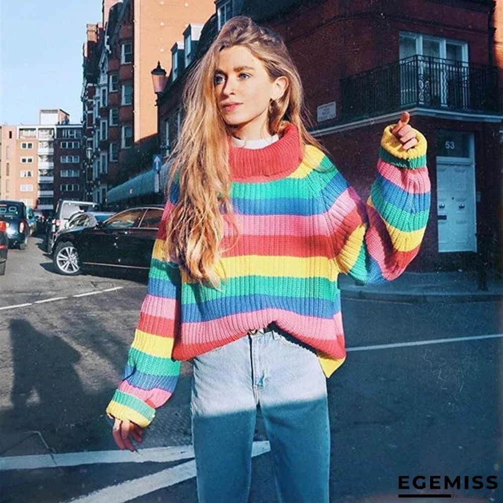 High Neck Sweater Women's Rainbow Stripe Loose Sweater | EGEMISS