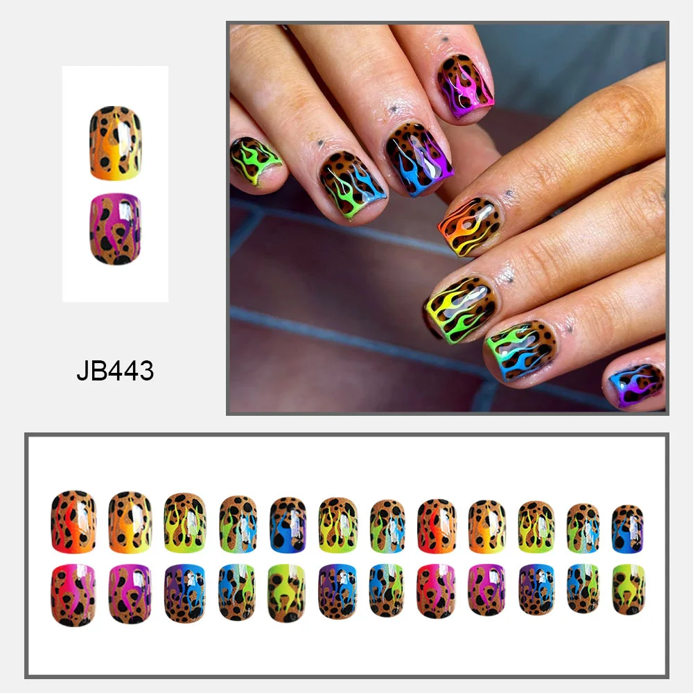 Churchf Churchf Print Gradient Color Flame Short Square Nail Bright Face Fake Nail Finished Wear Nail Removable Nail