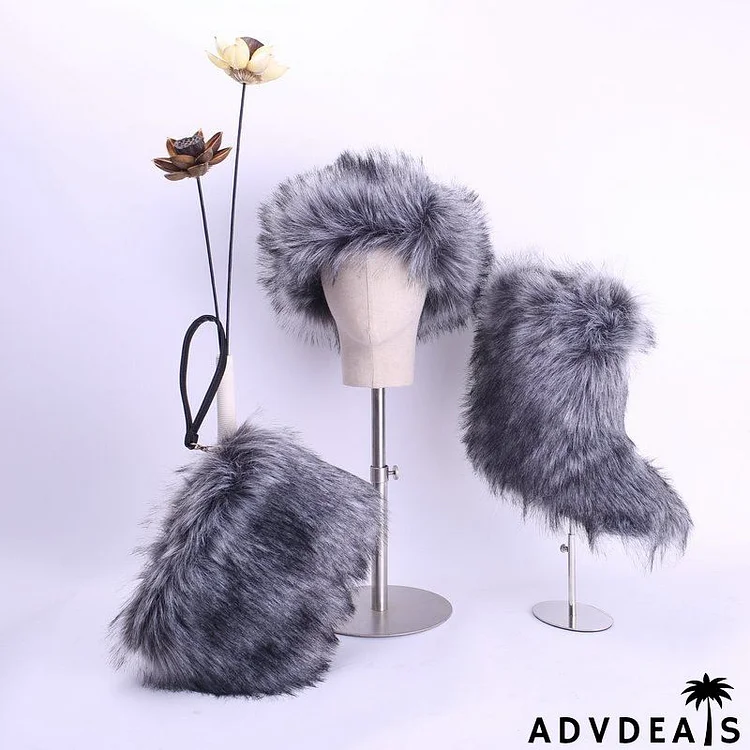 Size:4.5-12 Fashion Plush Hat And Hand Bag And Snow Boots Three Piece Set