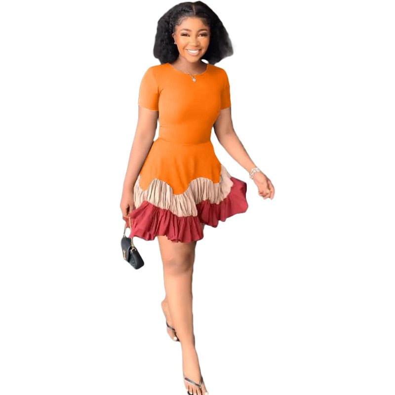 Summer Ruffled Dress Women Fashion Elegant Short-sleeved Slim Color-blocked Ruffled A-line Mini Dress Women