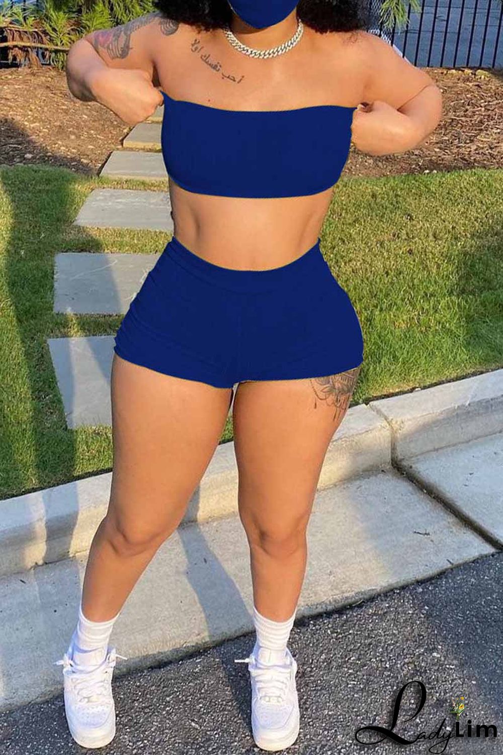 Blue Fashion Sexy Solid Backless Strapless Sleeveless Two Pieces