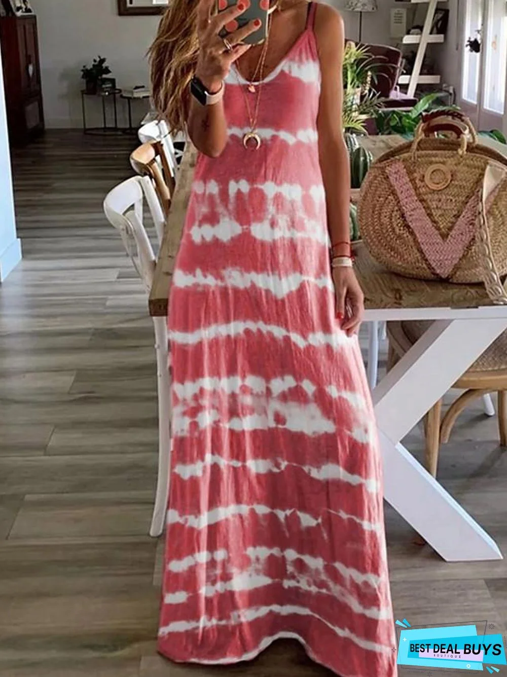 Women's Strap Dress Maxi Long Dress - Sleeveless Tie Dye Summer Hot Casual Beach Blue Purple Blushing Pink Wine Khaki Gray Light Blue