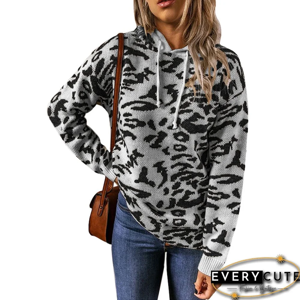 Gray Leopard Print Knit Drawstring Hoodie