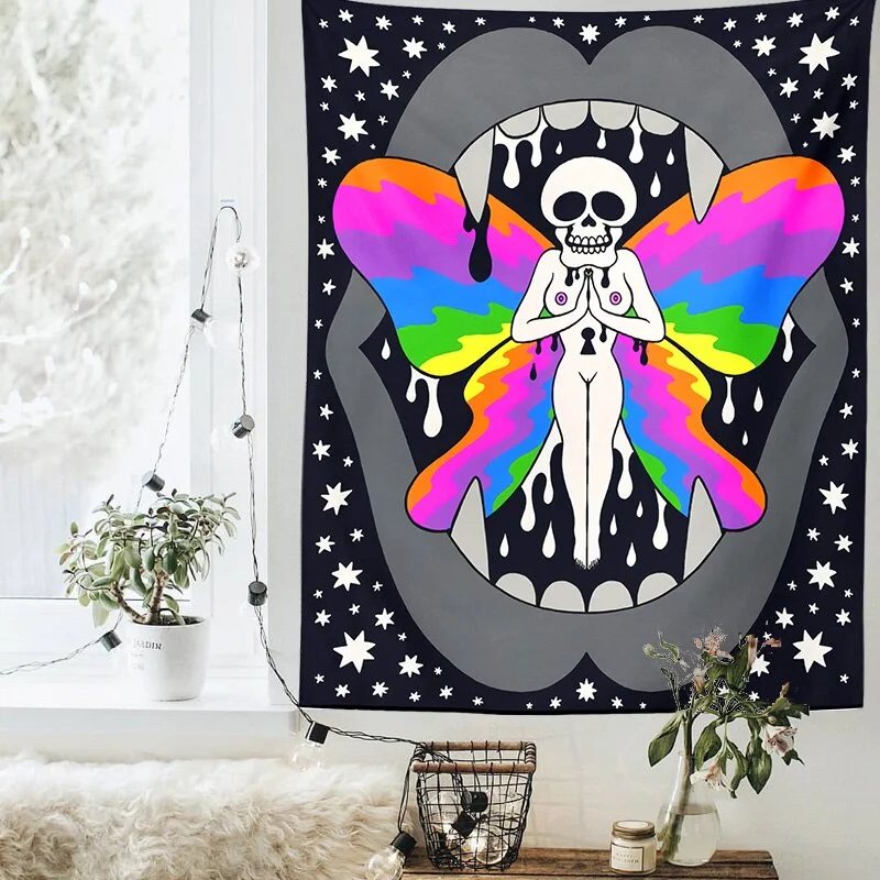Psychedelic Skull Tapestry Floral Colorful  black Wall Hanging Hippie Wall Decor Bedroom Living Room Wall Hanging Rug Shawl