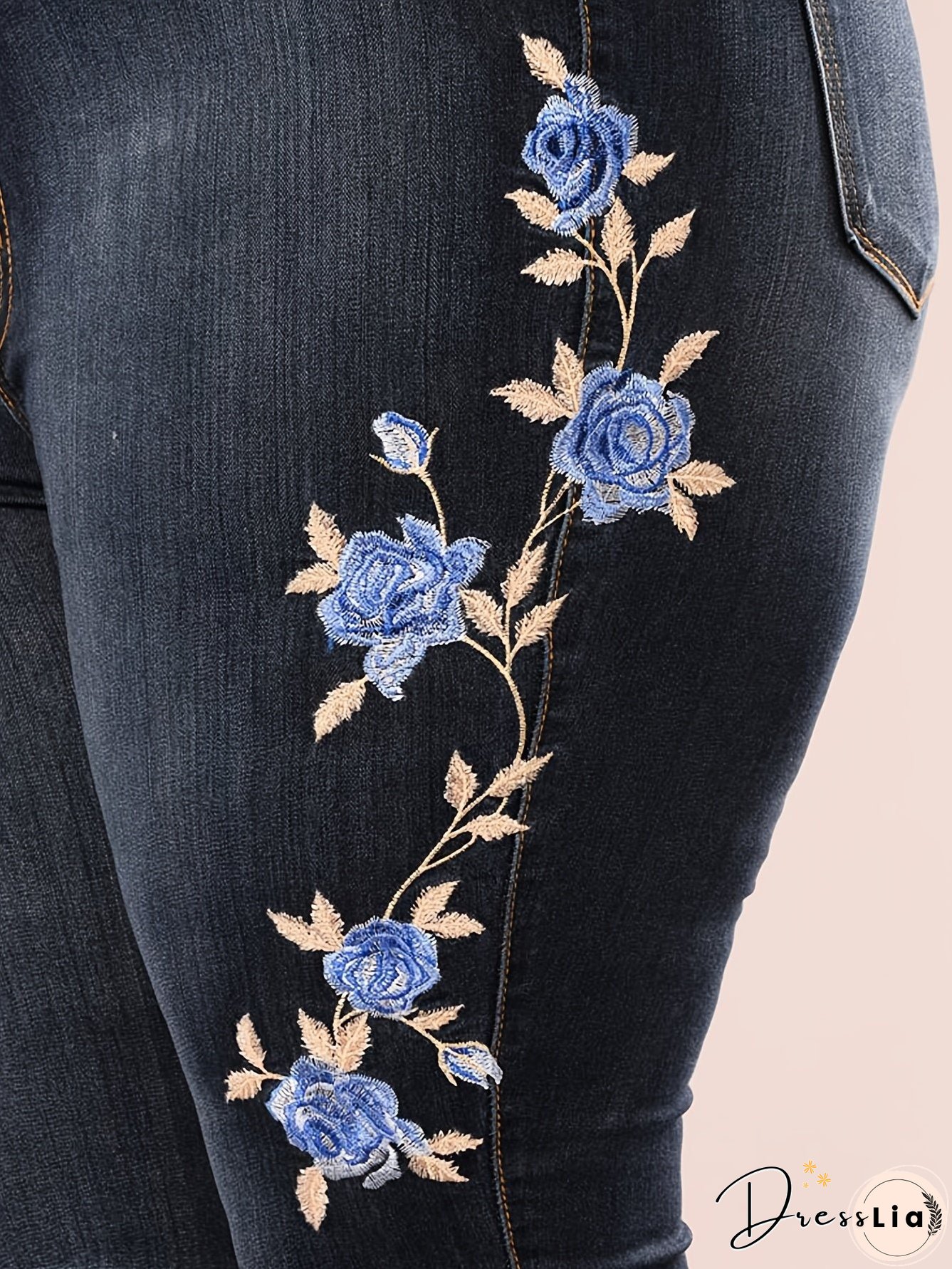 Blue Floral Embroidery Skinny Jeans Zipper Button Closure Medium Strech Elegant Denim