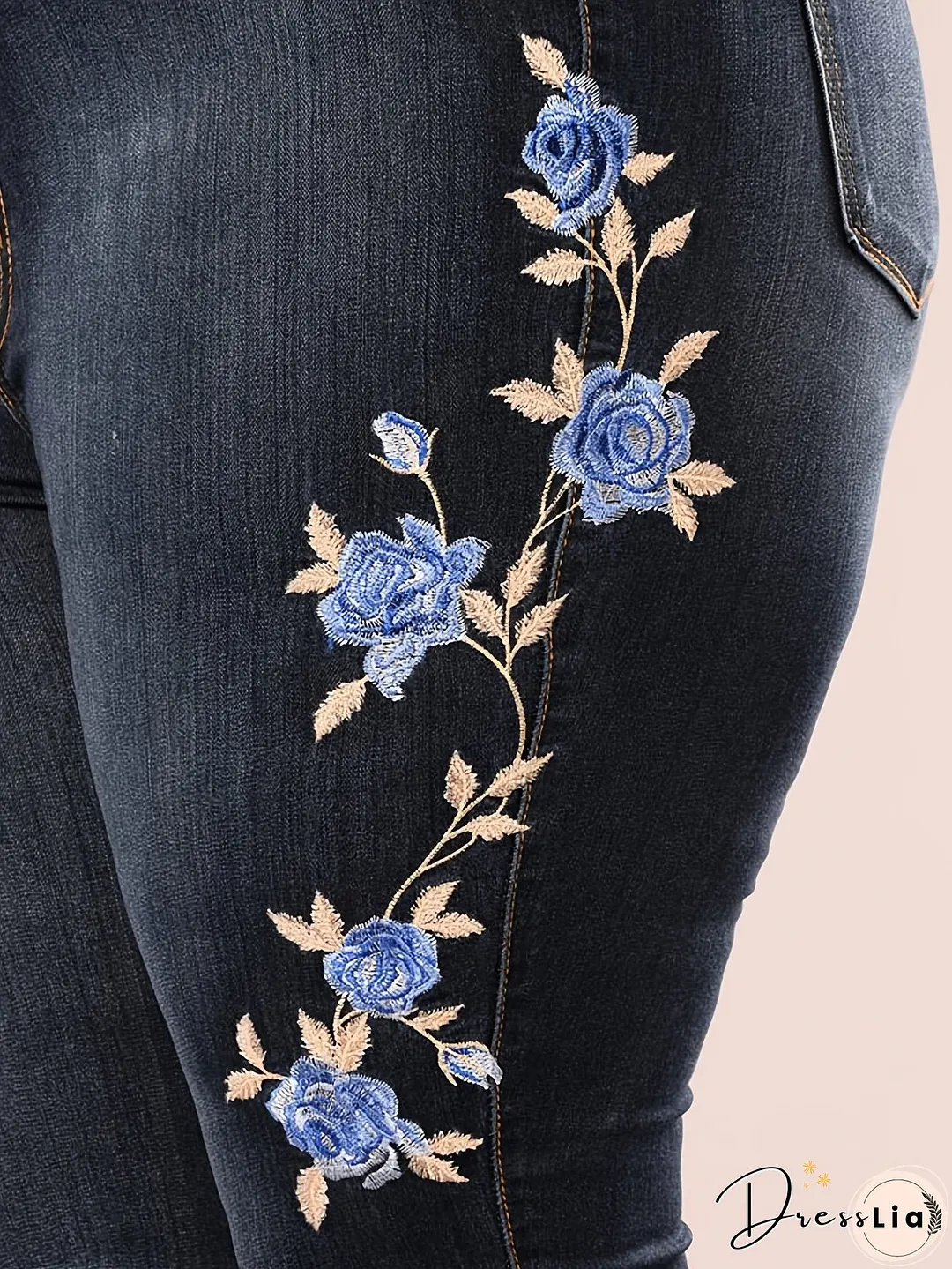 Blue Floral Embroidery Skinny Jeans Zipper Button Closure Medium Strech Elegant Denim