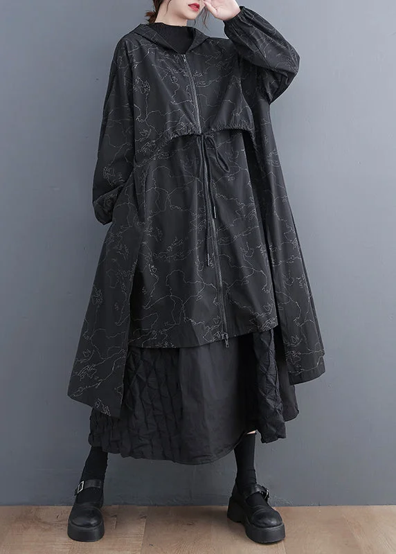 Vogue Black Asymmetrical Patchwork Print Zippered Tie Waist Hoodie Trench Coat Fall