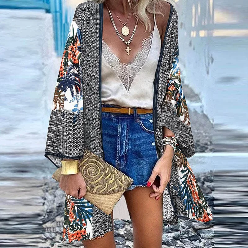 ZANZEA Women Summer Open Front Long Sleeve Blouse Kimono Bohemian Floral Printed Cardigan Vintage Blusas Casual Loose Beach Tops