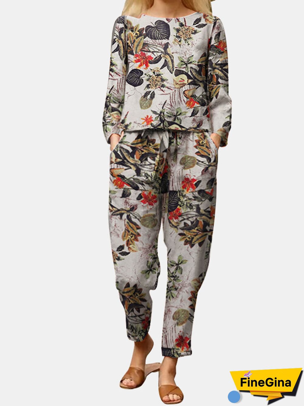 Casual Floral Pattern Elastic Waist Cotton Two-piece Set Suit