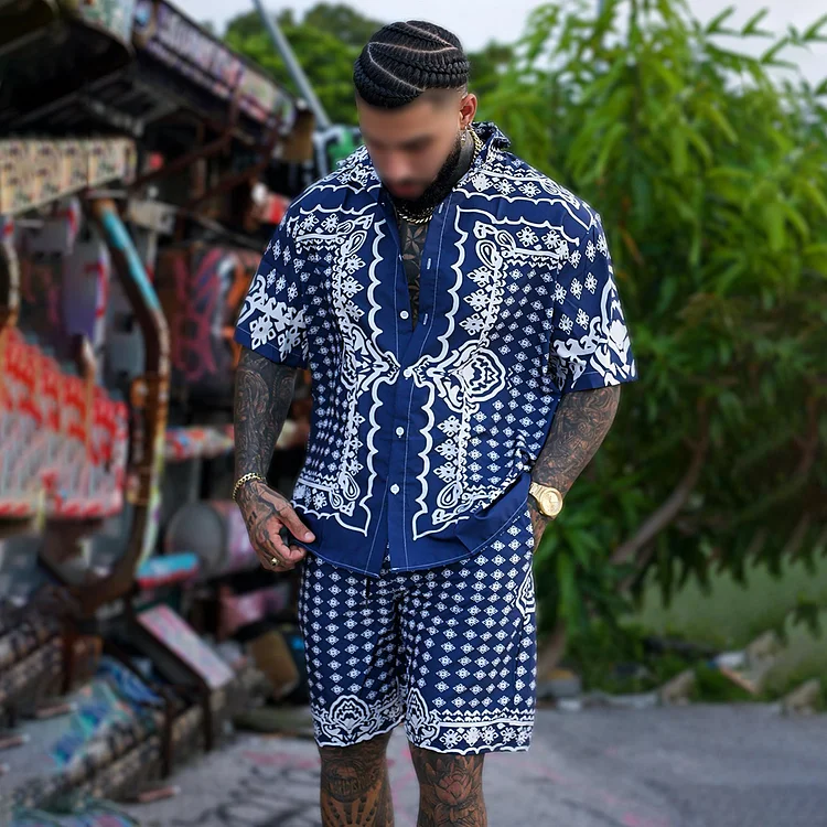 BrosWear Hawaiian Men's Short Sleeved Shirt Two Piece Set