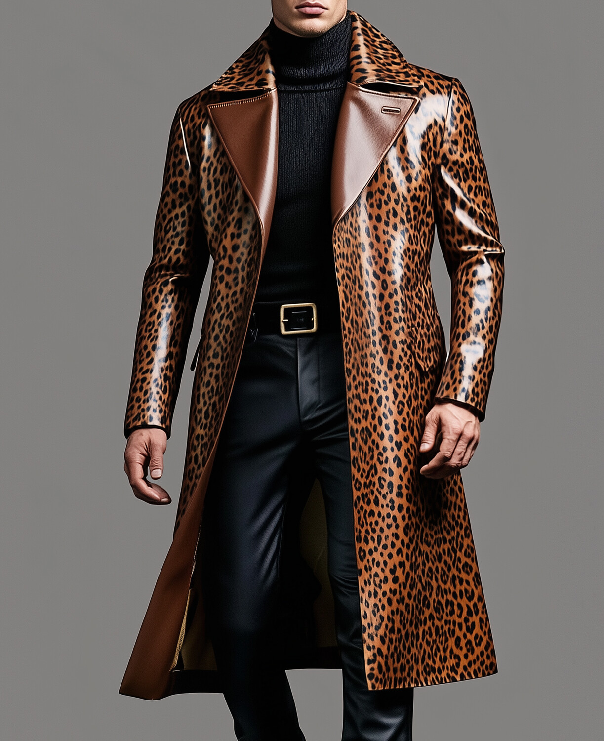 Okaywear PU Leather Leopard Pattern Notched Lapel Long Sleeve Overcoat