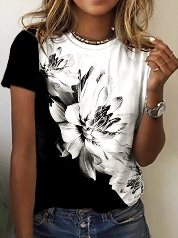 Floral Casual Crew Neck Short Sleeve T-Shirt