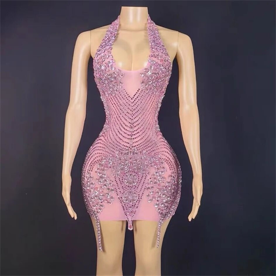 Flashing Rhinestone Green Halter Backless Transparent Sheath Mini Dress Birthday Celebrate Costume Women Dancer Prom Outfit