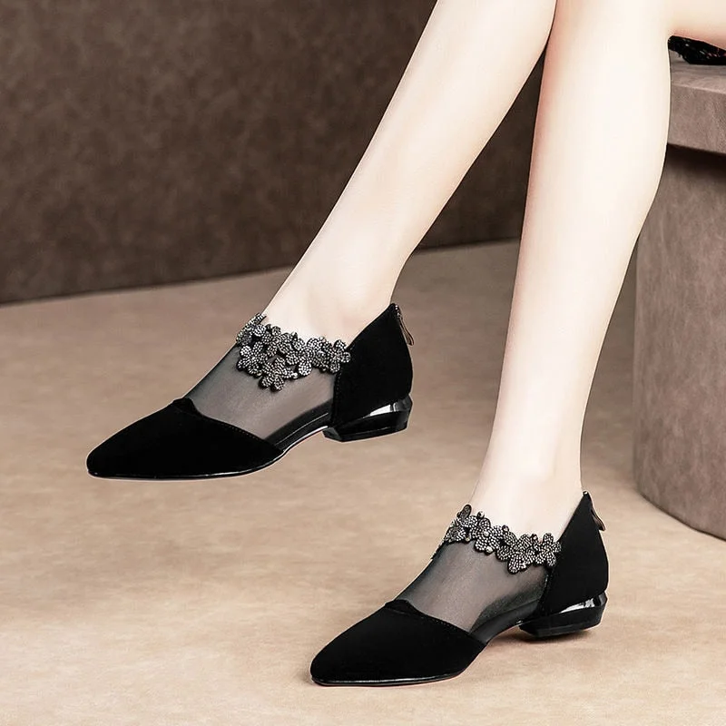 Women Mesh Shoes,2021 Spring Korean Style Low Heels,Sexy Rhinestone,Pointed Toe,Square Heel,Female Footware,Black,Big Size