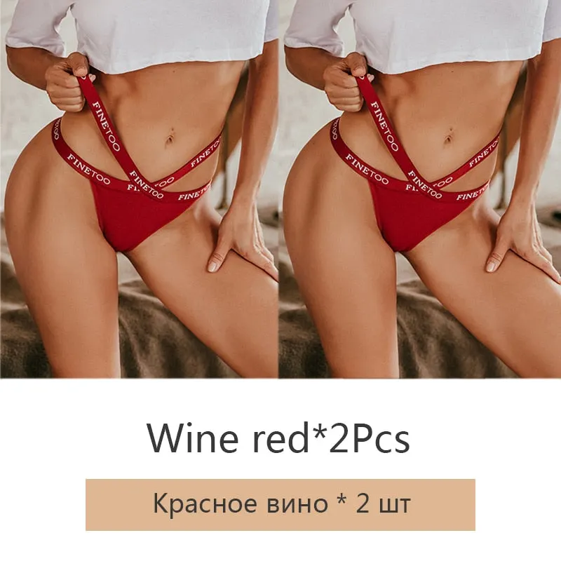 FINETOO 2Pcs/set Sexy Thongs Women Cotton G-string Panties Letter Bikini Underwear Girls Cross Belt Low-rise Underpants Lingerie